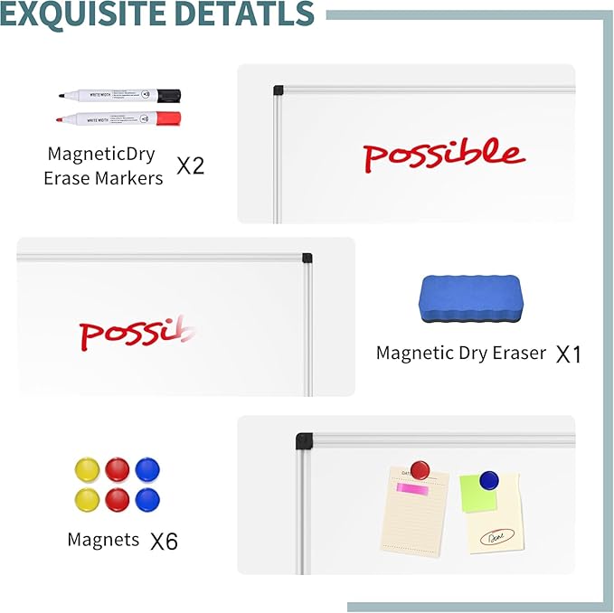 Magnetic Dry Erase Whiteboard - 46 x 33 Inch White Board - 4 x 3 Large Wall-Mounted Board with Silver Aluminum Frame, 1 Magnetic Eraser, 2 Pen, Detachable Marker Tray, 6 Magnets