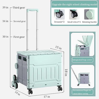 Foldable Utility Cart,Folding Portable Rolling Crate Handcart with Lid,Collapsible Aluminium Alloy Telescoping Handles,8 Wheels for Travel Shopping Climbing Stairs Moving Storage Office Use