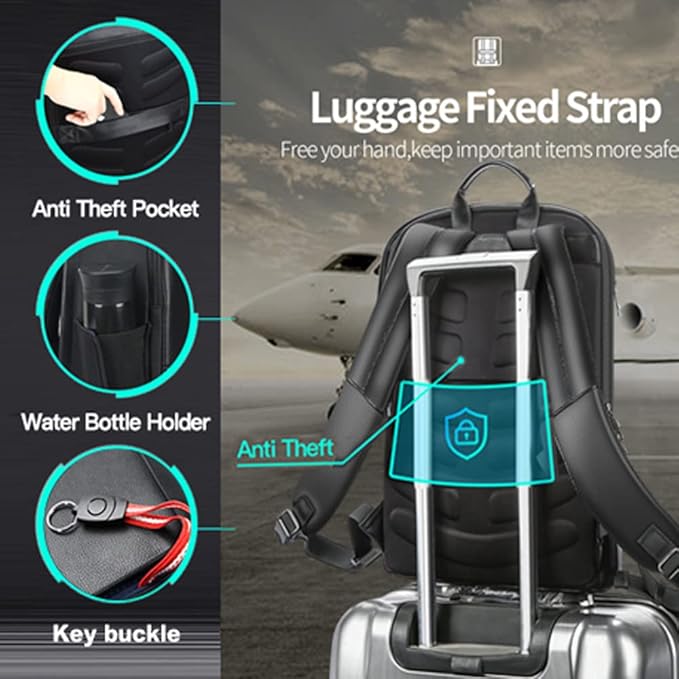 BOPai Genuine Leather Backpack for Men Multi-Function Backpack 15.6 inch Business Laptop Backpack Travel Smart Rucksack with USB Charging Anti Theft Backpack Office Black