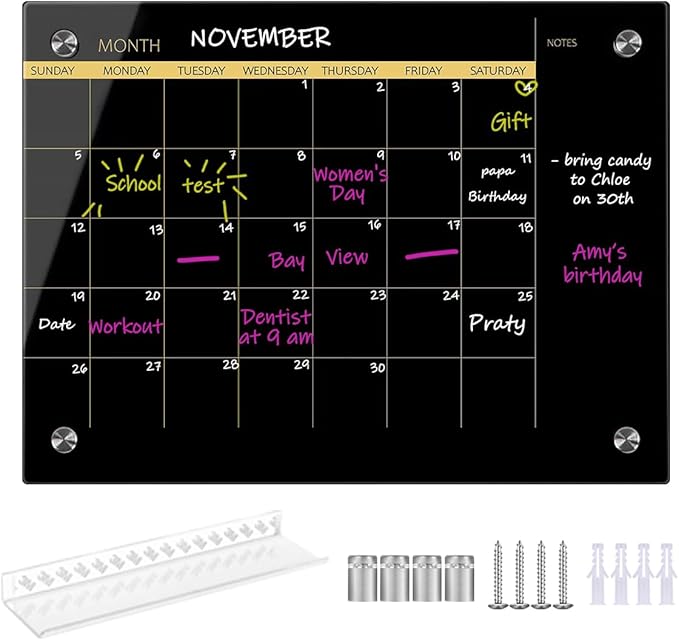 Glass Dry Erase Whiteboard,Monthly Calendar Whiteboard,18" x 24",Frameless Glass White Board for Home,School,Office,Blace Surface(GlassA-BK-4560)