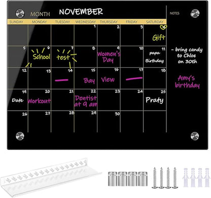 Glass Dry Erase Whiteboard,Monthly Calendar Whiteboard,18" x 24",Frameless Glass White Board for Home,School,Office,Blace Surface(GlassA-BK-4560)