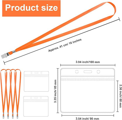 100 Pcs Lanyards for ID Badges and 100 Pcs Clear Name Tag Holders Reusable Lanyard with Clip Plastic ID Card Badge Holder Name Badges for Adults Kids Business School Office Supplies (Orange)