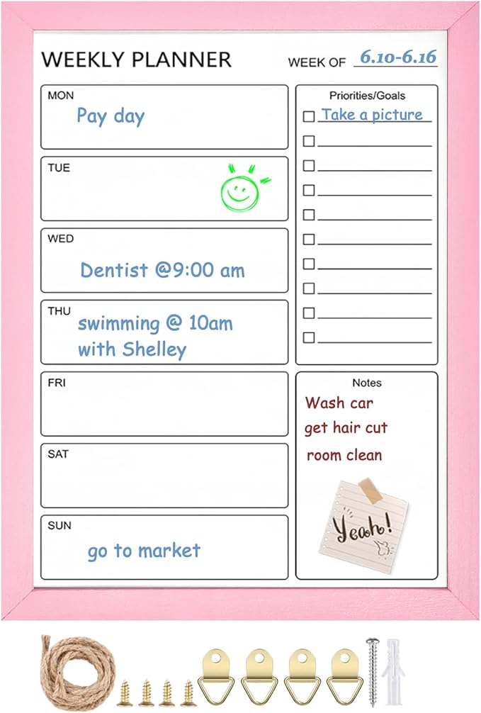 Dry Erase White Board Weekly Calendar Board, Magnetic Whiteboard for Wall,13“x17 Solid Wood Pink Framed Message Board, Planner Board for Office, Home, School(Weekly-BB-PK-3343)