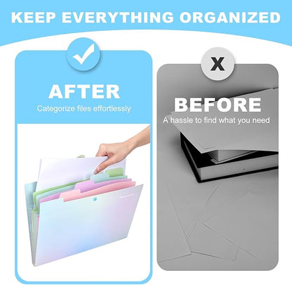 Ddaowanx Expanding File Folder, Letter A4 Size Accordion Plastic File Organizer, 5 Pocket Folders for Documents, Aesthetic Folder with Labels, Paper Organizer for School Office Supplies (Aurora Blue)