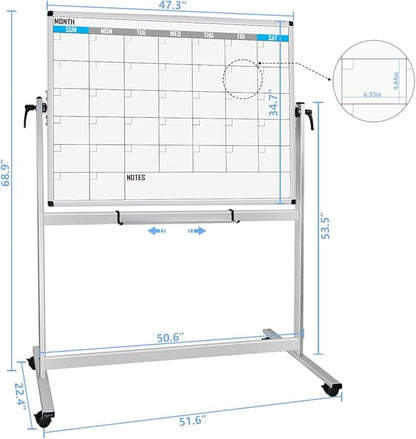 XBoard Magnetic Mobile Whiteboard, Double Sided Magnetic Dry Erase White Board on Wheels, Large Portable Easel with Stand and Aluminium Frame for Home School Office (Calendar 48x36-Inch)