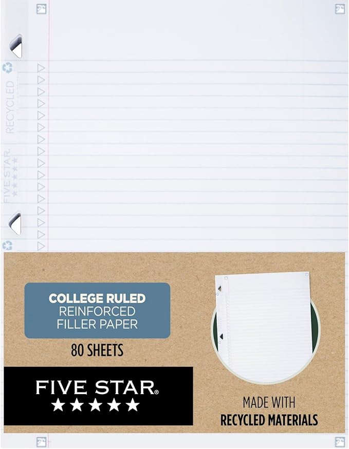 Five Star Loose Leaf Paper + Study App, Recycled Notebook Paper, College Ruled Paper, 8-1/2" x 11", 80 Sheets, Reinforced Filler Paper (170023)