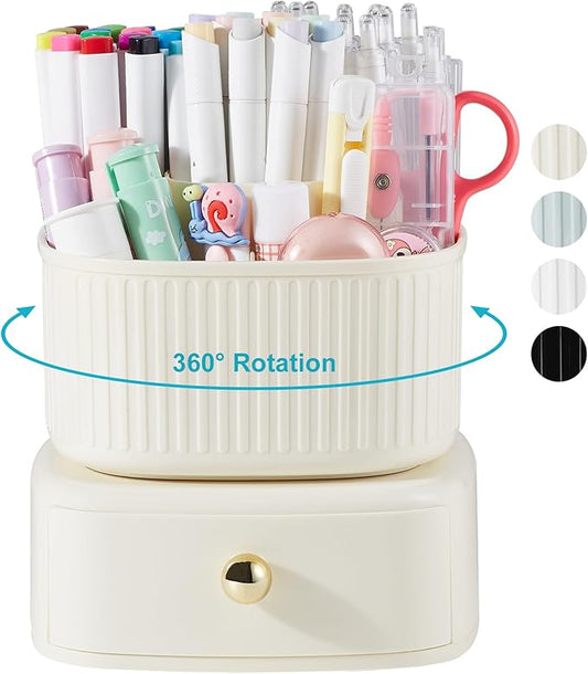 360 Degree Rotatable Pen Holder with Drawer, 5 Slots Office Desk Organizer Pen Holder for Desk Multi-Functional Pencil Box Desktop Stationary Organizer for Office School Home Beige