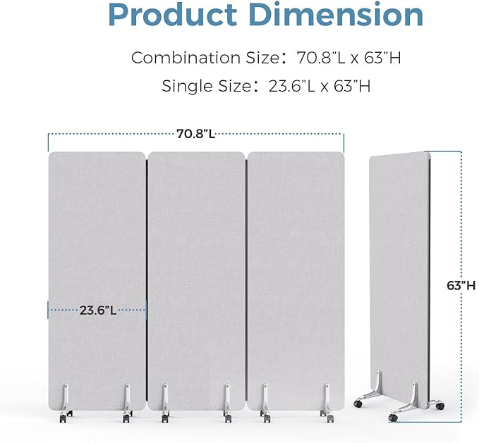 70.8" W x 63" H Freestanding Partition Room Dividers, Acoustic Panels with Wheels, 3 Soundproof Privacy Panels for Office, Reception Room, School, Hospital, Light Grey