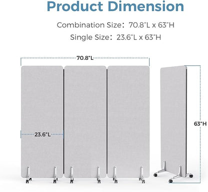 70.8" W x 63" H Freestanding Partition Room Dividers, Acoustic Panels with Wheels, 3 Soundproof Privacy Panels for Office, Reception Room, School, Hospital, Light Grey