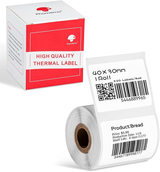 Phomemo Multi-Purpose Self-Adhesive Label for M120/M110/M220/M221/M150/M250 Label Maker,1.57'' x 1.18'' (40x30mm), 230Labels/Roll, for Barcode/Mailing/Logo/Address/Business/Home Tag, Black on White