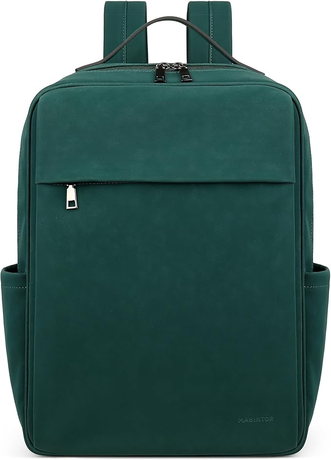 MASINTOR 15.6 inch PU Leather Laptop Backpack Purse for Women, Large College Casual Backpack Travel Bag Retro Green