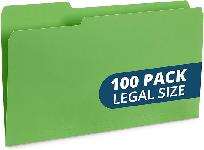 Blue Summit Supplies Green Legal File Folders, 1/3 Cut Tab, Legal Size, Great for Organizing and Easy File Storage, 100 Per Box