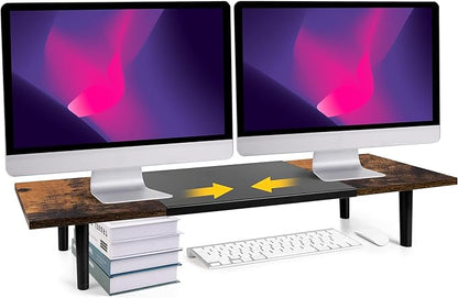 Dual-Monitor-Stand-Riser-For-Desk Adjustable Length 32-40 Inch, Large Desktop Computer Monitor Riser For 2 Screens, Desk Shelf Organizer Riser Stand For Computer/Laptop/PC/Printer/TV Brown