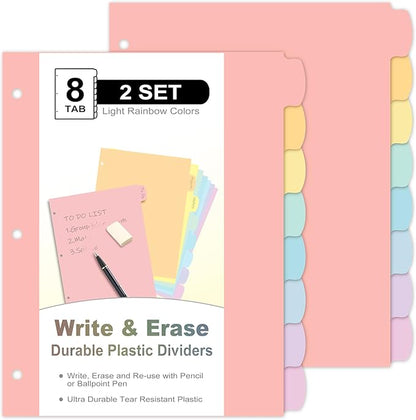 16 Count/2 Sets Write & Erase Binder Dividers with Tabs, Durable Plastic 8 Tab Dividers for 3 Ring Binder Letter Size, Separators for Student School Home Office Document Organizer, Pastel