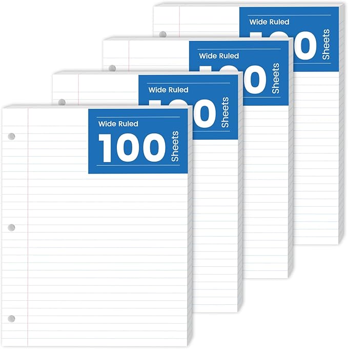 Loose Leaf Paper Wide Ruled, 8-1/2 x 11 In, 400 Sheets Filler Paper for 3-Ring Binder, Double-Printing Lined Paper, 3-Hole Punched Notebook Paper Binder Paper 8.5'' x 11'', 4 Pack, 100 Sheets/Pad