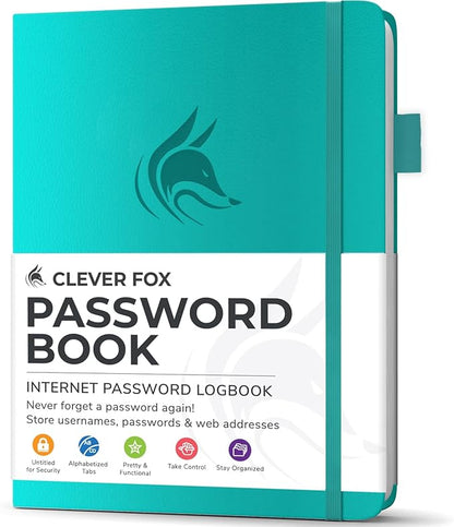 Clever Fox Password Book with Alphabetical tabs. Internet Address Organizer Logbook. Small Pocket Password Keeper for Website Logins (Turquoise)