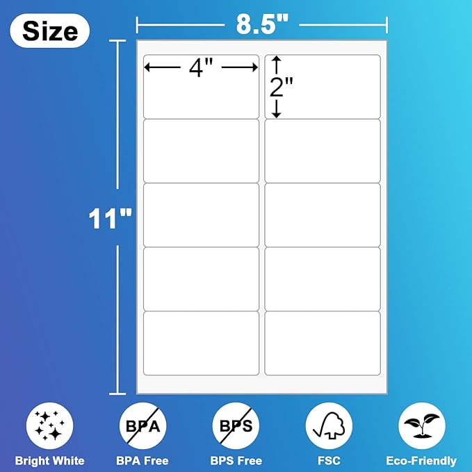 10up Shipping Address Labels 2 X 4 Label, Matte Stickers Paper Compatible with Laser & Ink Jet Printers, 100 Sheets-1000 Labels (5163/8163 /18163)