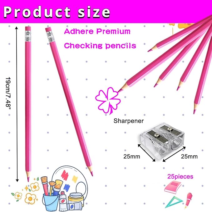 Adhere 25pcs Checking Pencils Erasable colored Pencils Pre-Sharpened #2 HB,for Checking Tests Grading Map Coloring,school Correcting,editing Office Favors,including a Free sharpener.(Pink)