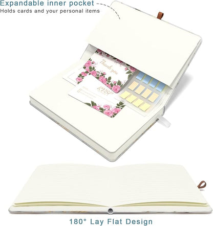 Small Notebook, Mini Pocket Journal A6 5.7" x 3.9", Leather Hardcover Journal with Pen Holder, 160 Thick Papers, Cute Lined Notebook Small Notepad for Women Writing Work Travel, White Marble