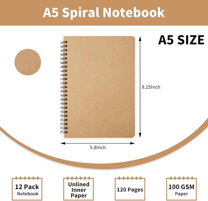 6 Pack Unlined Spiral Notebook for Work - A5 Blank Journals Note Books Bulk for School - Soft Cover Sketchbooks for Drawing Writing, Office Supplies, 60 Sheets/120 Pages,8.2" X 5.8"