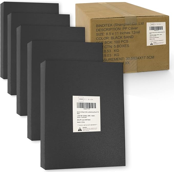 Binditek 500 Pack 12 Mil Sand-Textured Polycover - Midweight for Business Reports and Proposals - Lightly Textured Sand Finish - with Square Corners, Un-Punched, Black Color, Office Supplies