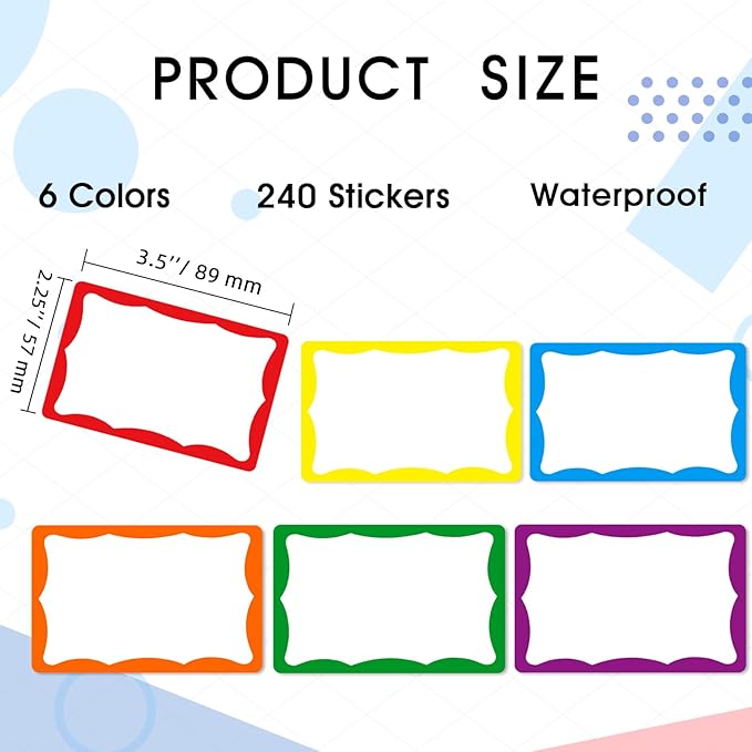 6 Classic Colors Name Tag Stickers,240PCS Waterproof Stickers Name Tags 3 1/2 X 2 1/4 Name Labels for Office,Meeting,School and Home