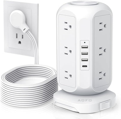 15 ft Long Extension Cord Power Strip Tower,AOFO Surge Protector 12 AC Outlets 4 USB(1 USB C) Ports, Charging Tower Overload Protection with Multiple Outlets for Home Dorm Office