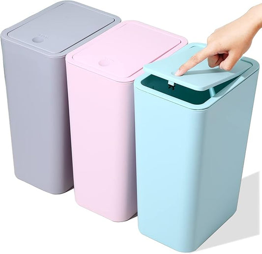 SHPMXUPW 3 Pack Bathroom Small Trash Can with Lid,10L / 2.6 Gallon Slim Garbage Bin Wastebasket with Pop-Up Lid for Bedroom, Office, Kitchen, Craft Room, Fits Under Desk/Cabinet/Sink