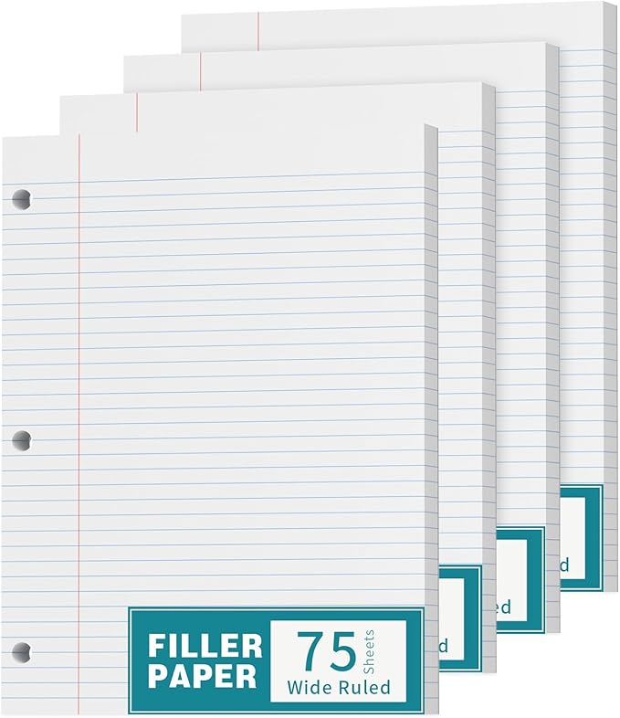 Loose Leaf Notebook Paper Wide Ruled Writing Paper, 300 Sheets Lined Paper 8.5'' x 11'', 4 Pack Writing Paper 3-Hole Punched Binder Paper, Notebook Paper for 3 Ring Binder, 75 Sheets/Pad Filler Paper