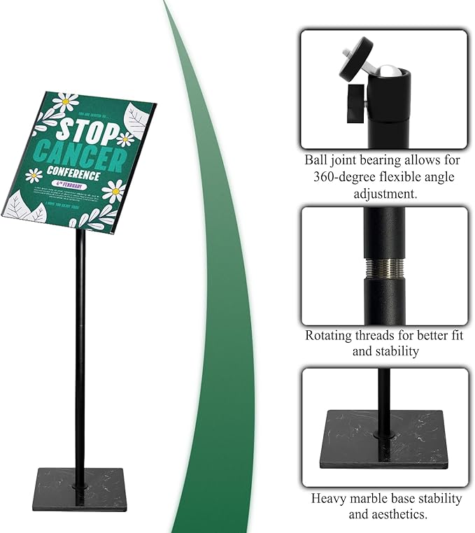 Adjustable Poster Sign Holder Stand 8.5x11 , Sign Holder Stand with Heavy Duty Marble Base, Reusable Sign Holder Vertical & Horizontal View Display for Indoor Outdoor Standing（Square）