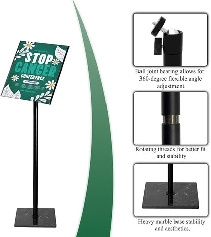 Adjustable Poster Sign Holder Stand 8.5x11 , Sign Holder Stand with Heavy Duty Marble Base, Reusable Sign Holder Vertical & Horizontal View Display for Indoor Outdoor Standing（Square）