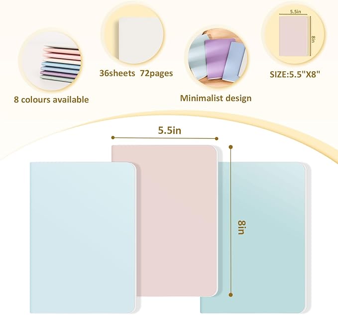 Ddaowanx Notebooks, Journals in Bulk, Blank Paper Sketchbooks, 72 Pages, 36 Sheets, 80GSM, 8.3x5.5 Inch, A5 Size, Travel Writing Notebooks Journal for Office School Supplies (Blank-8pack, 8 Colors)