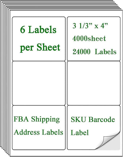 6 Up Shipping Address Labels, 3.33" X 4" (8164/5164) Address SKU Barcode Label for Inkjet/Laser Printer (4000 Sheet -24000 Labels)