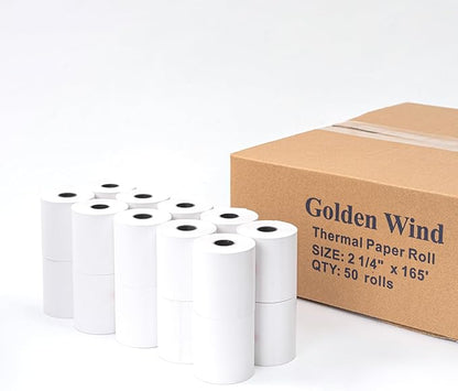 50 Rolls, GOLDEN WIND Thermal Receipt Rolls, 2 ¼" x165' Cash Register/POS Receipt Rolls, 55 GSM Premium Quality, BPA Free, White.
