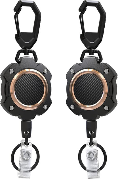 LIUGX 2 Pack Retractable Keychain, Heavy Duty Carabiner Key Chains, 10,000+ Rebound, Impact Resistance ID Badge Reels with 31.5” Wire Rope and Key Ring, Up to 8oz, Aluminum Ring, Carbon Fiber-Texture