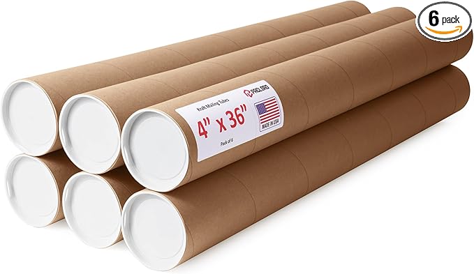 4" x 36" Reinforced Kraft Paper Mailing Tubes, Pack of 6 Tubes with 2 Caps Each – USPS Approved Poster Tube – Made in USA Cardboard Tube for Shipping and Storing Posters, Prints, Artwork, or Documents