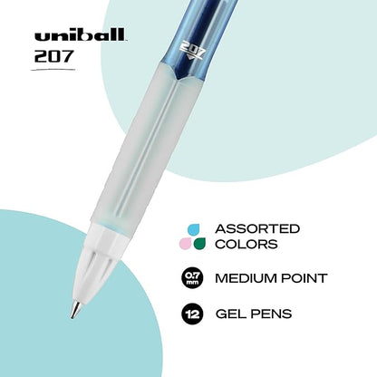 Uni-Ball Signo 207 Colors Gel Pens 12 Pack, Assorted 0.7mm Medium Gel Ink Pens For Smooth Writing