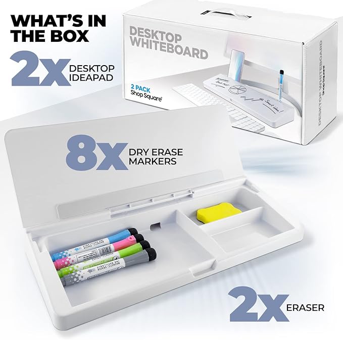 Desktop Whiteboard - Glass Dry Erase White Board - Desk Computer Buddy – Home Office & Studying Essentials - with Phone & Tablet Slot, Storage Compartment - Includes 4 Markers, 1 Eraser (2 Pack)