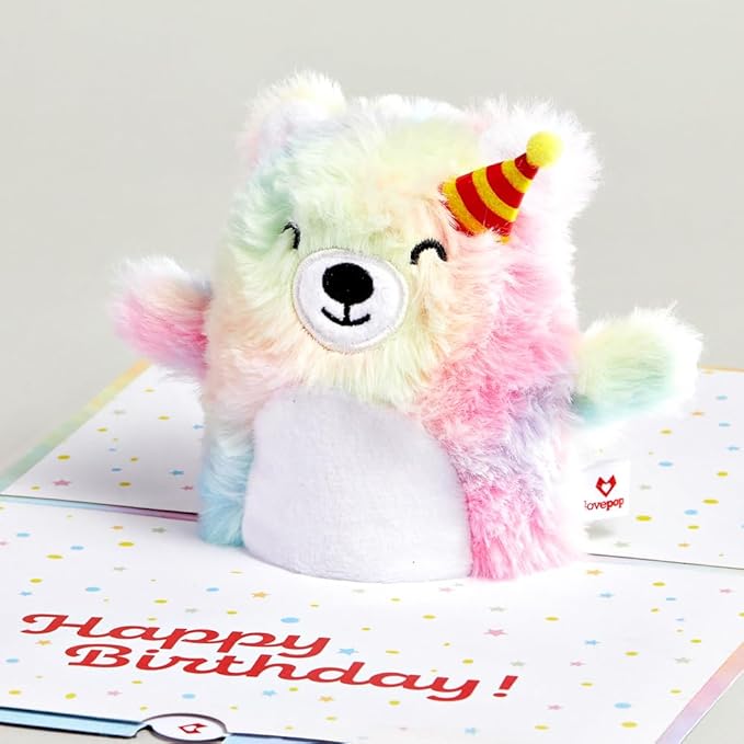 Lovepop Plushpop Soft Animal Pop-Up Card for Her and Him - 3D Bear Happy Birthday Greeting Card for Boys, Girls, Men, Women - Celebrate 6" x 8" Card - Tie Dye