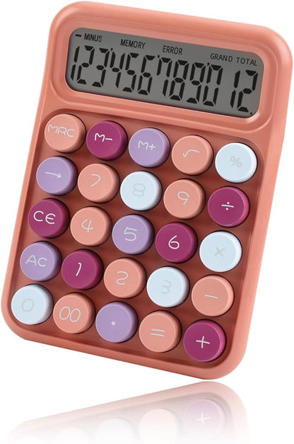 Desktop Mechanical Calculator, 12-Digit Large LCD Display Basic Standard Calculators with Cute Big Buttons, Office Accessories, School Supplies (Coffee)