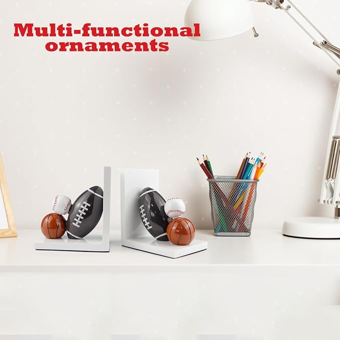 Resin Bookend Football Basketball Book Stopper Heavy Duty Bookend Modern Geometric Design for Home Library Office School Book Display