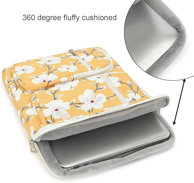 canvaslife 360° Protective Laptop Sleeve Case Bag with 3 Pockets for 14 inch Dell HP Lenovo Laptop and MacBook Pro 14 inch,Surface Laptop 14.4 inch (Yellow flower)