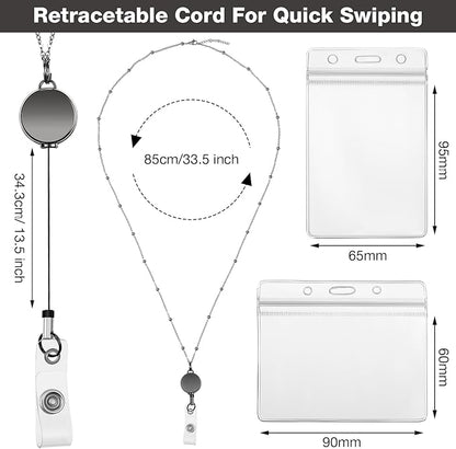 Outus 2 Pieces Badge Lanyard with ID Holders Stainless Steel Badge Holders Necklace Retractable Reel Clip Chain Water Resistant Name(Gray)