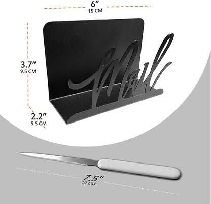 Black Metal Mail Holder, Countertop Letter Organizer with Letter Opener, Office Desktop Envelope Rack, Tabletop Document Stand (Art)