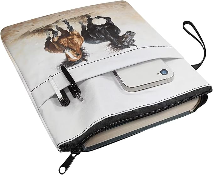 COEQINE Horses Themed Zippered Book Covers for Soft Cover Books Hard Cover Cool Animal Book Protectionale Book Sleeves Case with Hand Handles Portable Chain