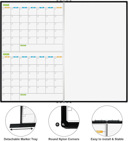JILoffice Magnetic Foldable Dry Erase Calendar Whiteboard Combo, 2 Month Calendar Board & White Board 60 X 48 Inch, Black Aluminum Frame Wall Mounted Board for Office Home and School