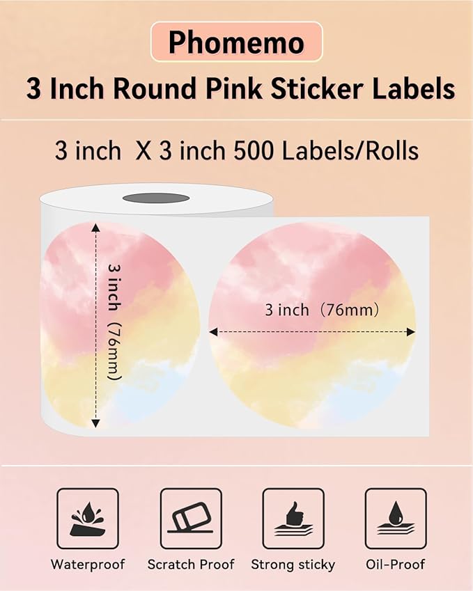 Phomemo 3” Color Circle Thermal Labels, Self-Adhesive Round Direct Sticker Label, Circular Thermal Printer Label for Logo Design, Name Tag, Thanks Card, Address, QR Code, 500 Labels/Roll, Gradient