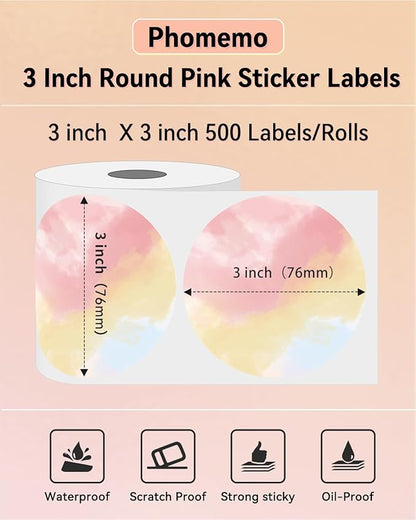 Phomemo 3” Color Circle Thermal Labels, Self-Adhesive Round Direct Sticker Label, Circular Thermal Printer Label for Logo Design, Name Tag, Thanks Card, Address, QR Code, 500 Labels/Roll, Gradient