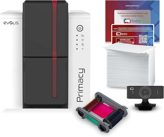 Bodno Evolis Primacy 2 Single Sided ID Card Printer & Complete Supplies Package Silver Edition ID Software