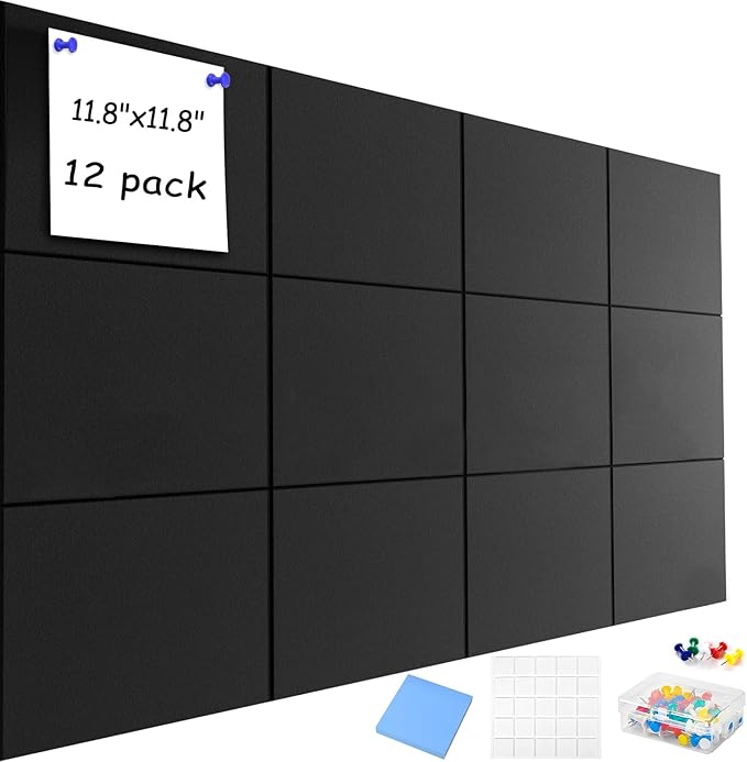 Large Cork Board Alternative for Walls, 47"x35" 12 Pack Felt Wall Tiles Bulletin Board with 30 Push Pins, Sticky Notes, Cork Boards for Office Pin Board Tack Board Felt Boards (Black)